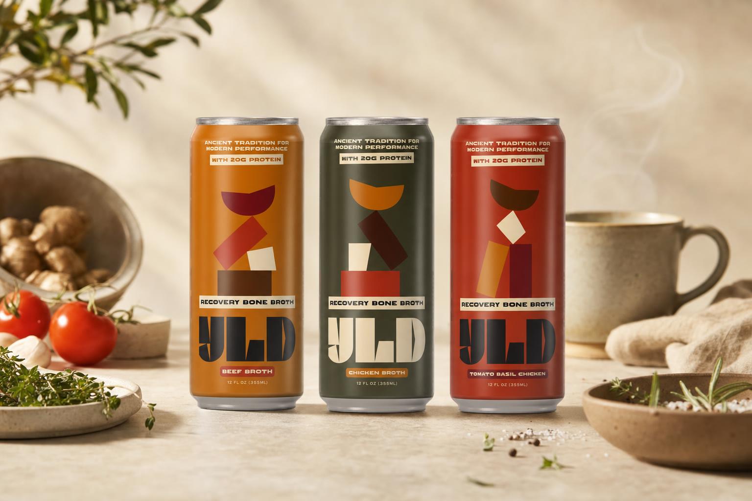 A warm cup of YLD bone broth poured beside the can