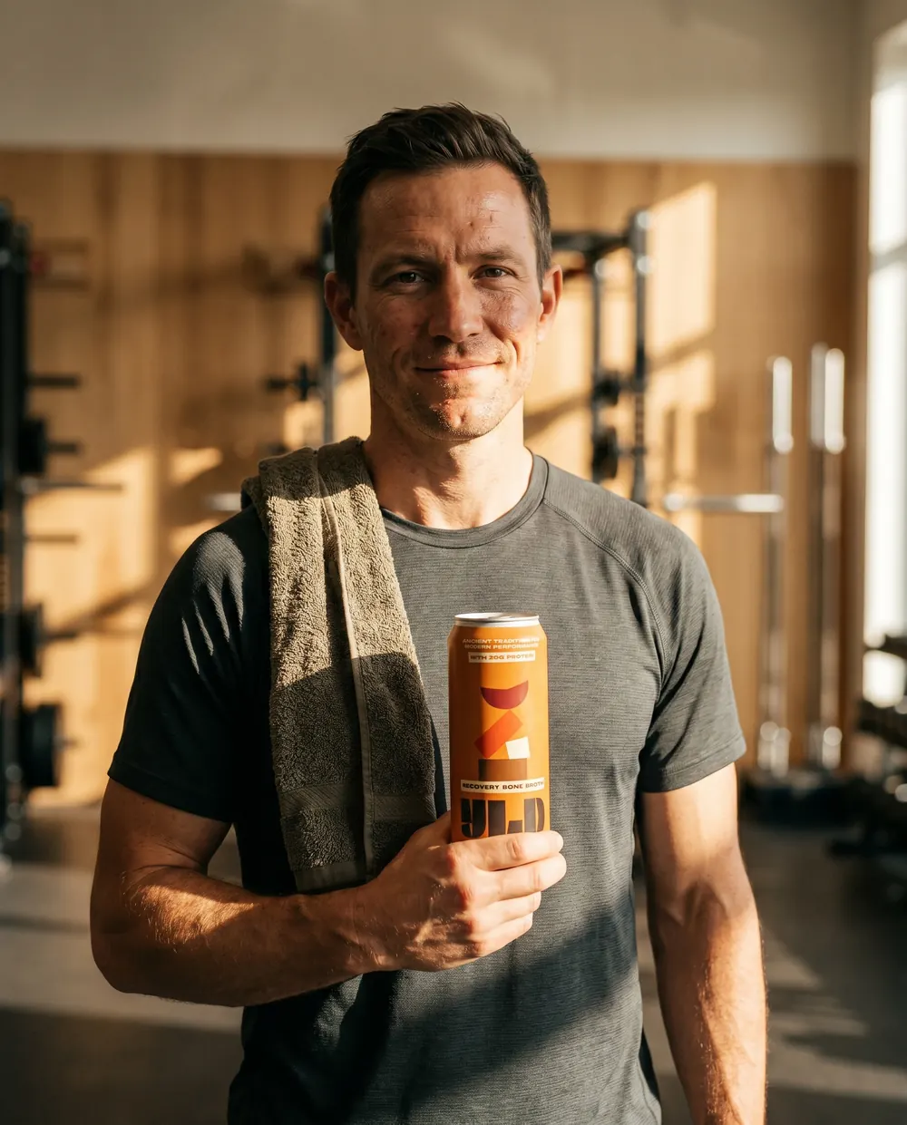 The YLD founder, an athlete, holding a YLD beef recovery broth can in a sunlit training space