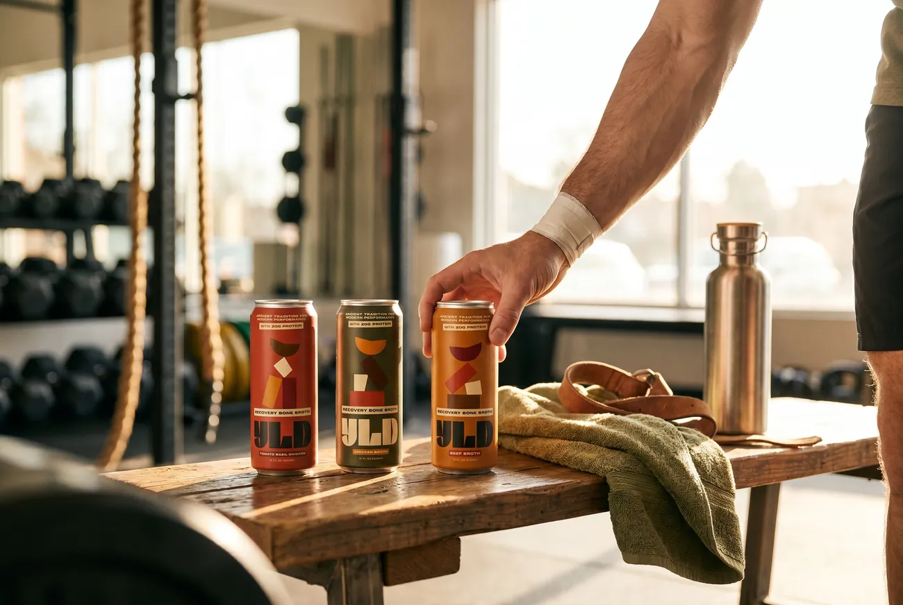 The three YLD flavors lined up on a gym bench with a towel and steel water bottle, a hand reaching for one after training