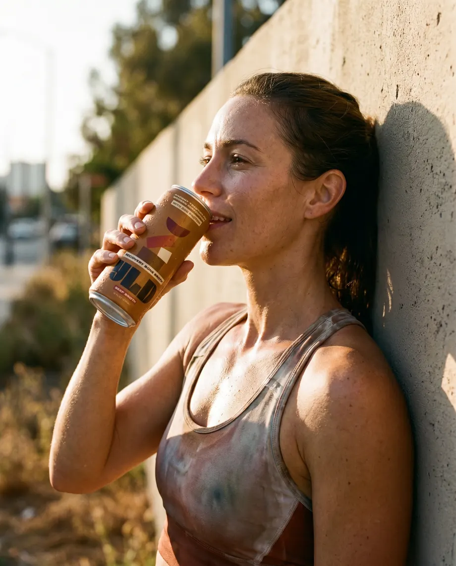 A runner leaning against a sunlit wall after a run, taking a sip of YLD recovery broth from the can